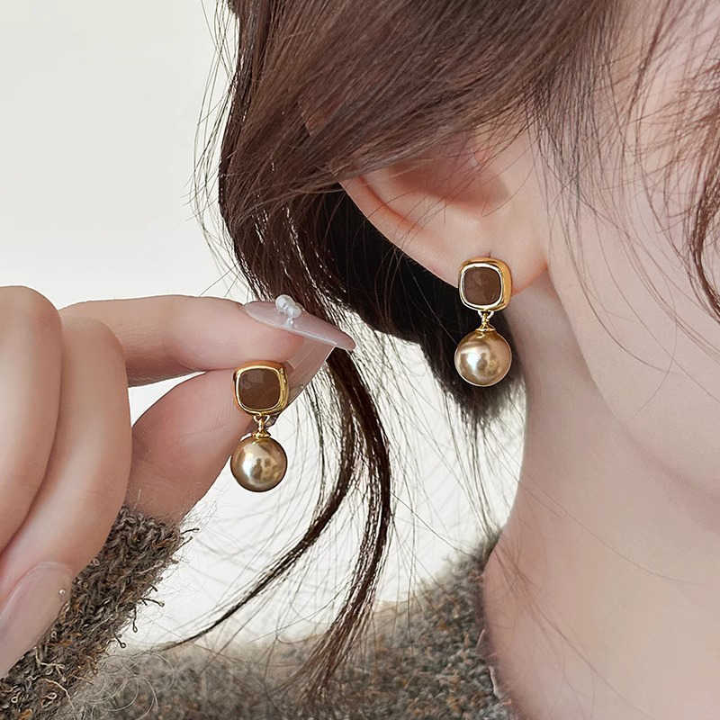 Golden Enamel Pearl Drop Earrings