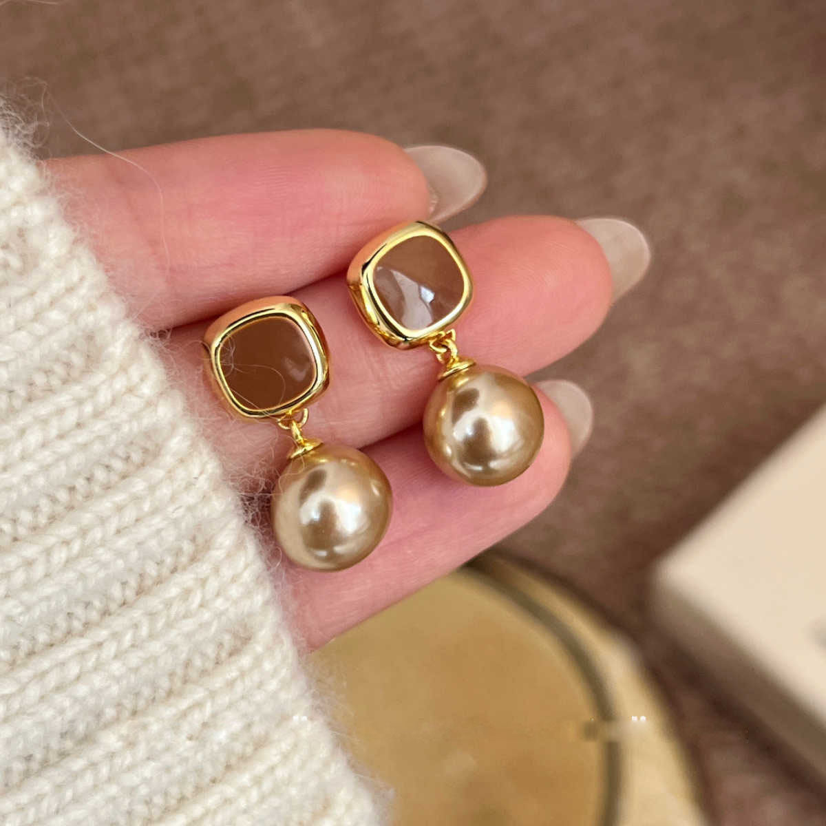 Golden Enamel Pearl Drop Earrings
