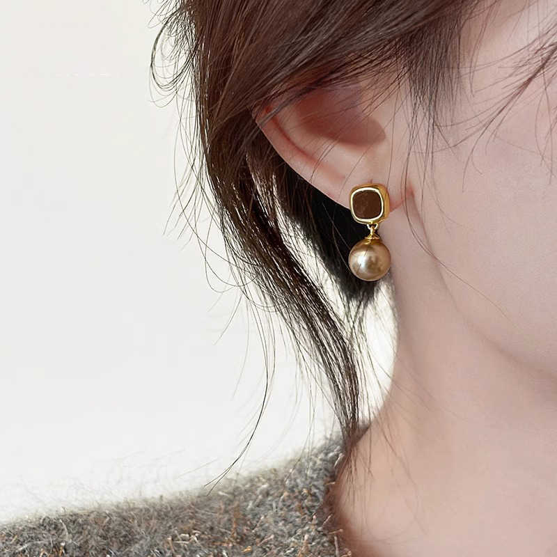 Golden Enamel Pearl Drop Earrings