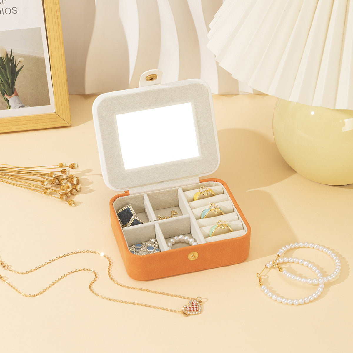 Velvet Travel Jewellery Case with Mirror Orange