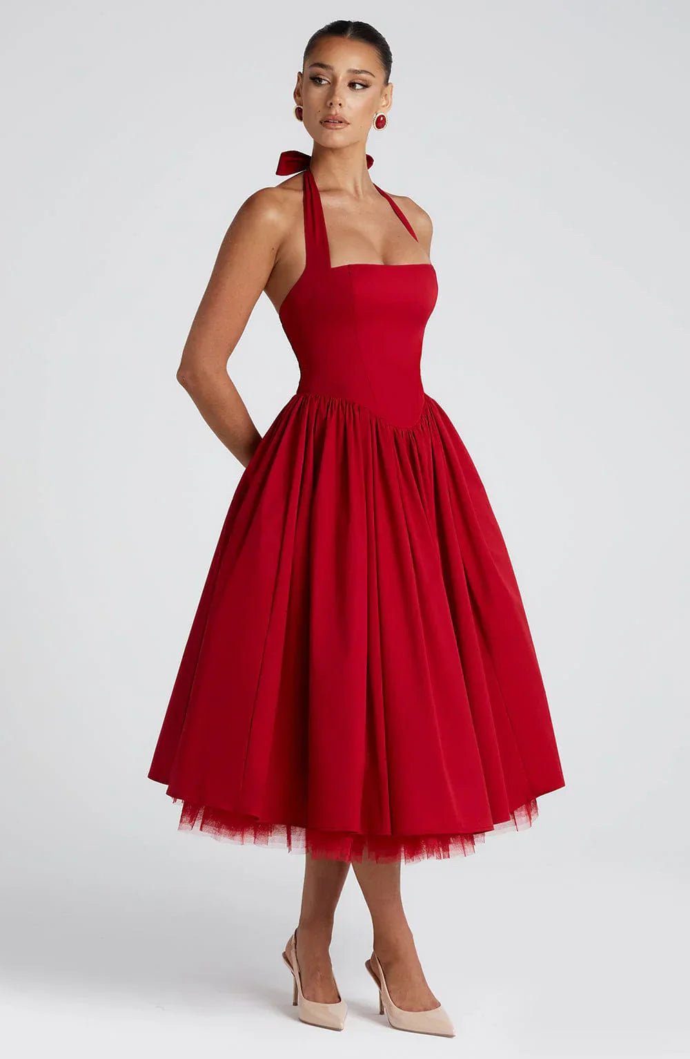 Evelyn Women's Midi Dress | Lightweight Voile, Elegant Red 4