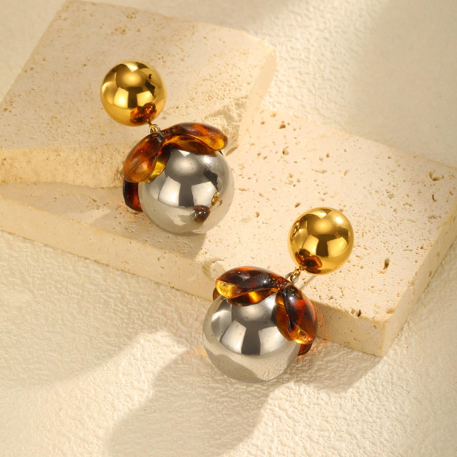 Gold & Amber Sphere Earrings