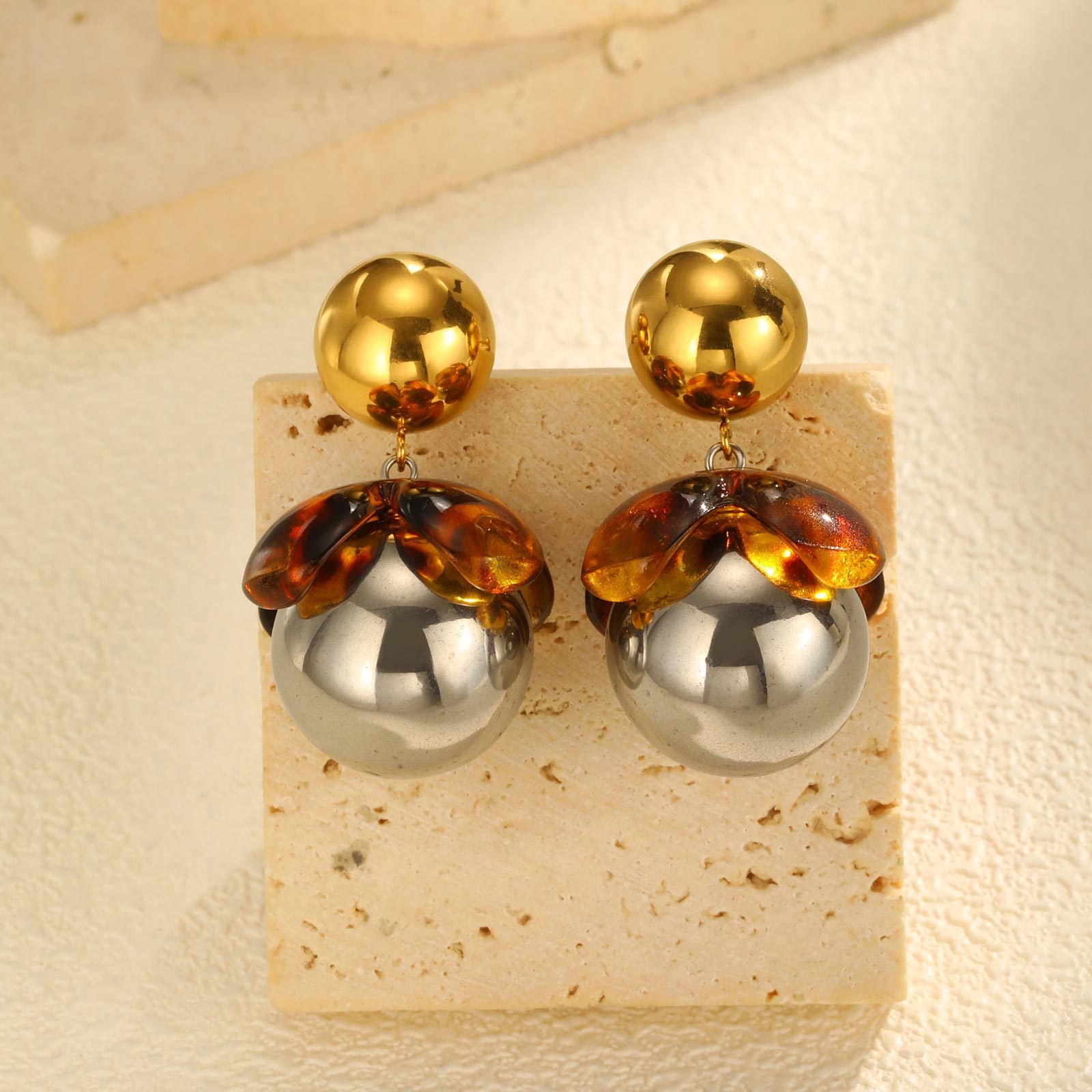 Gold & Amber Sphere Earrings