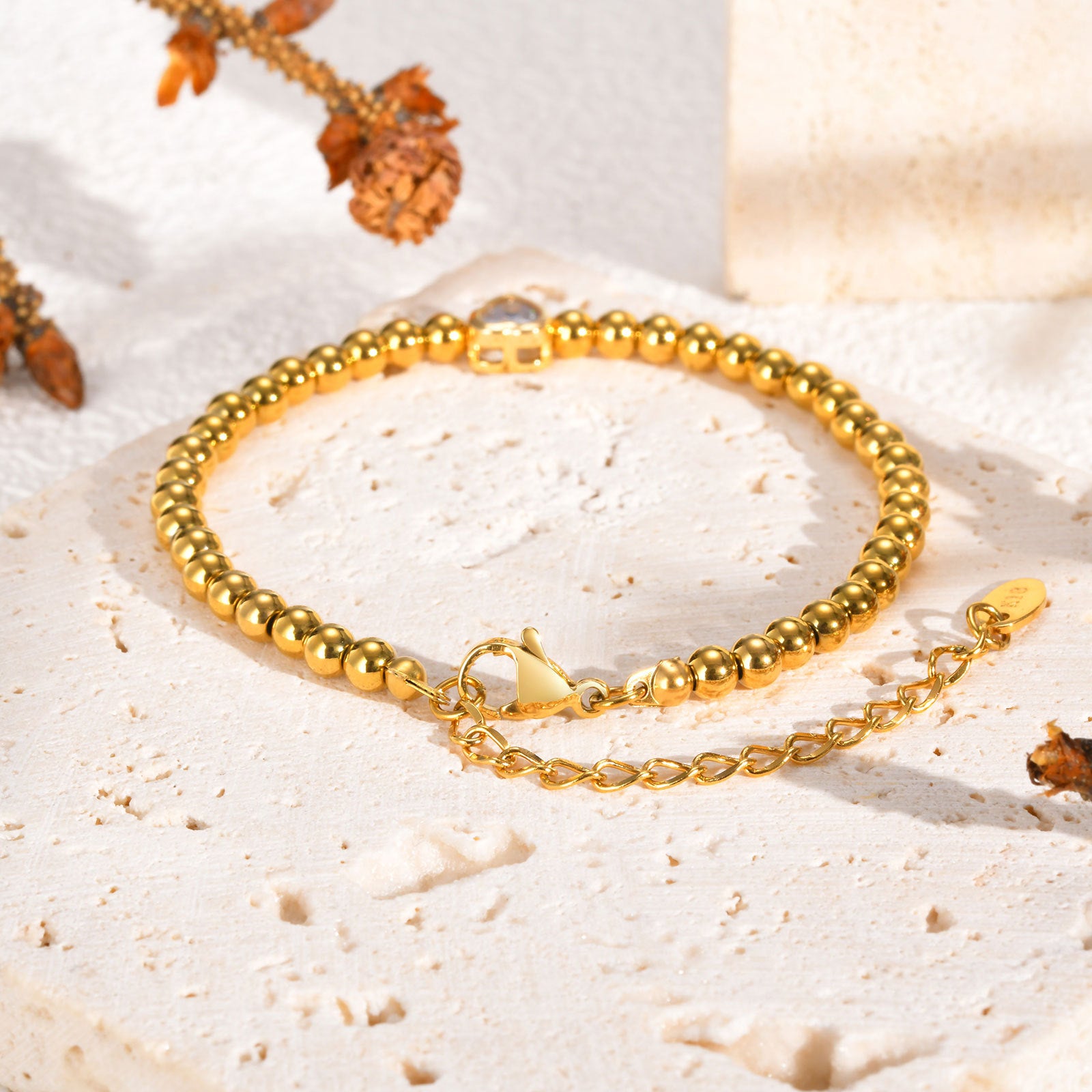 Gold Bead Bracelet with Heart Charm