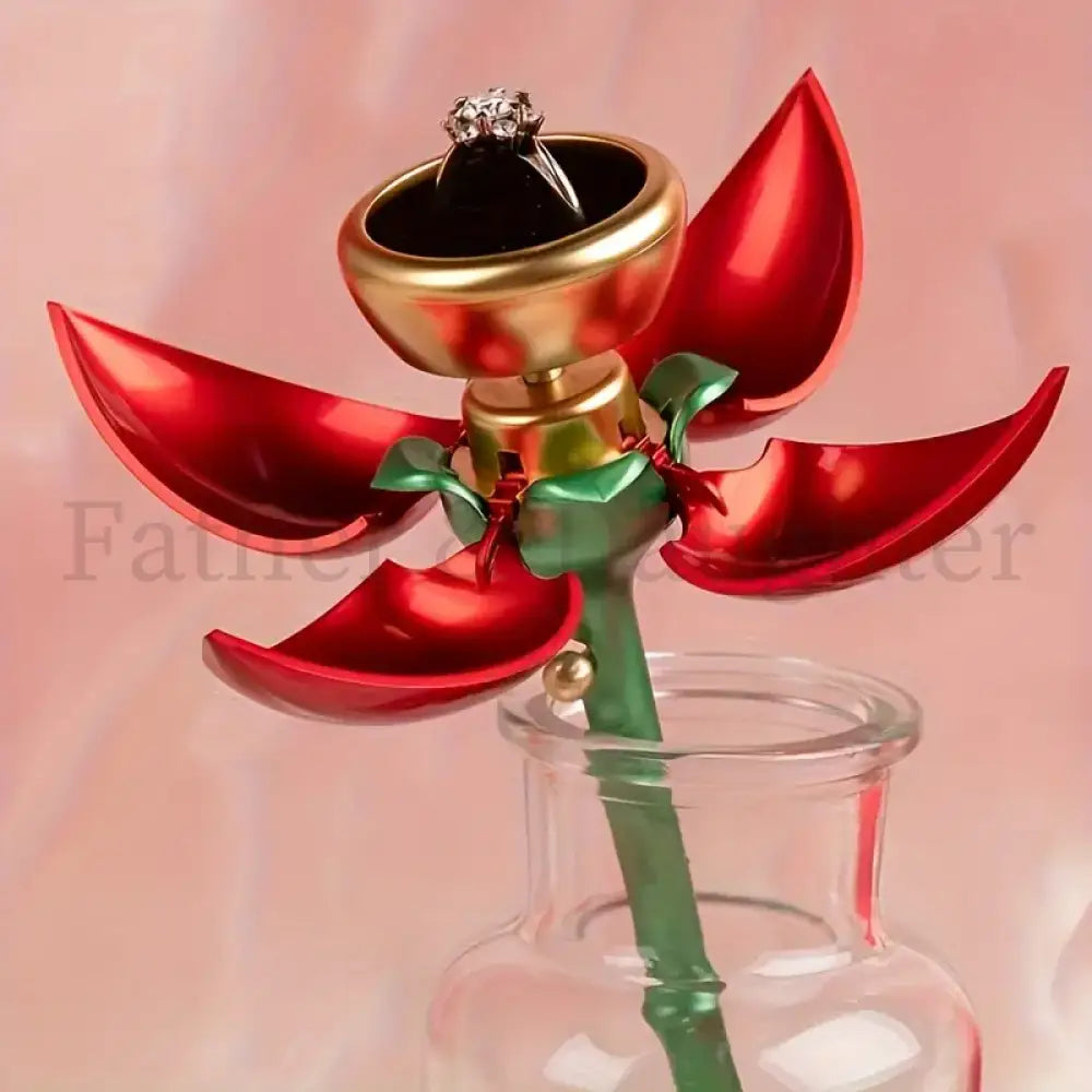Blooming Rose Stem Ring Box Red