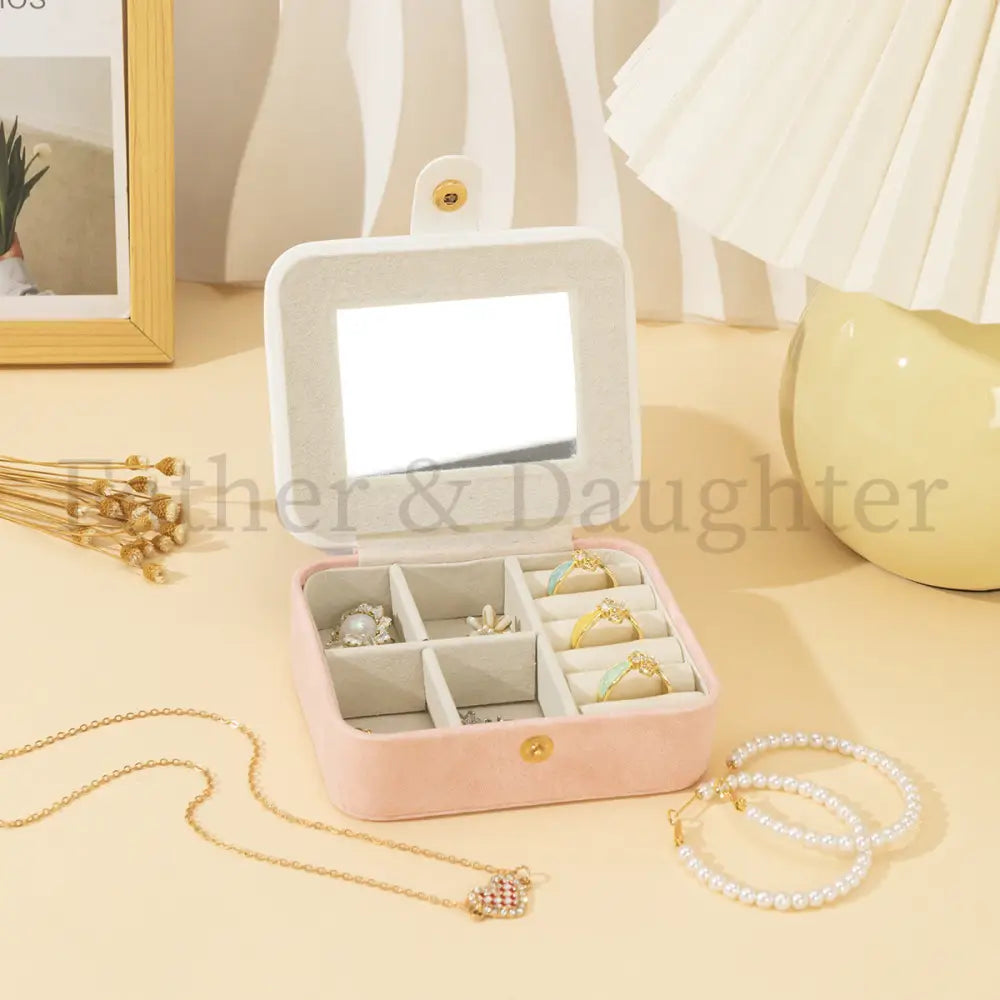 Velvet Travel Jewellery Case with Mirror Pink