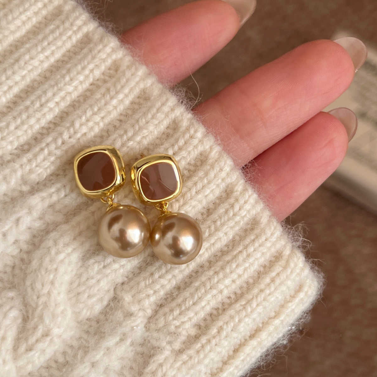 Golden Enamel Pearl Drop Earrings