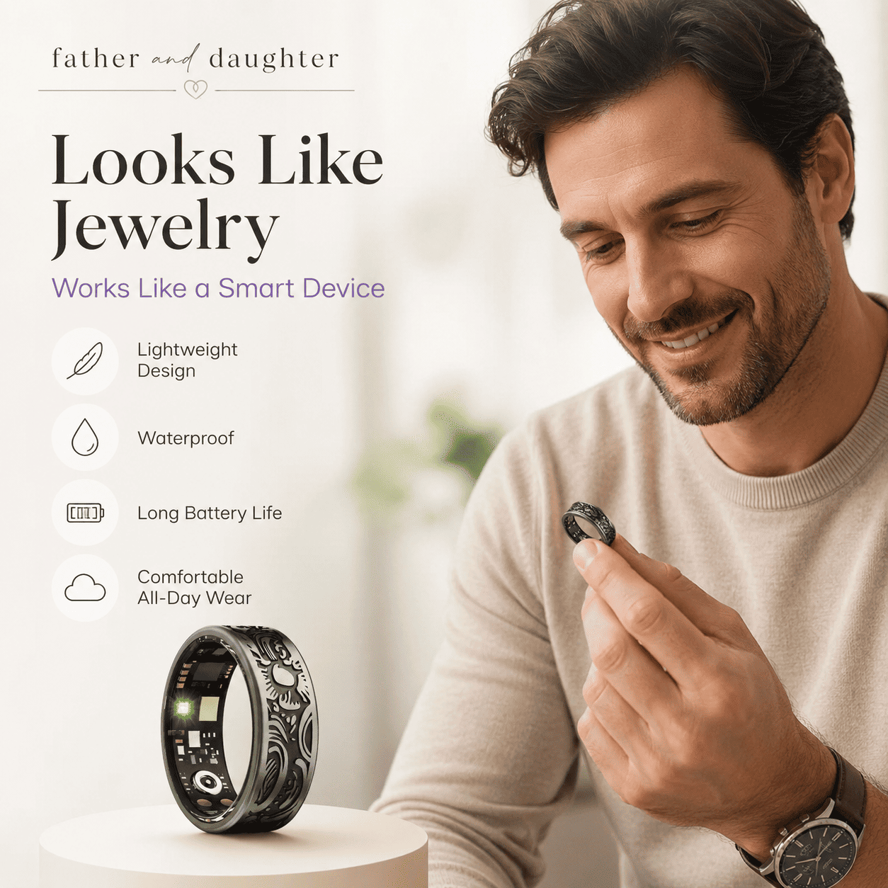 Engraved Black Smart Ring