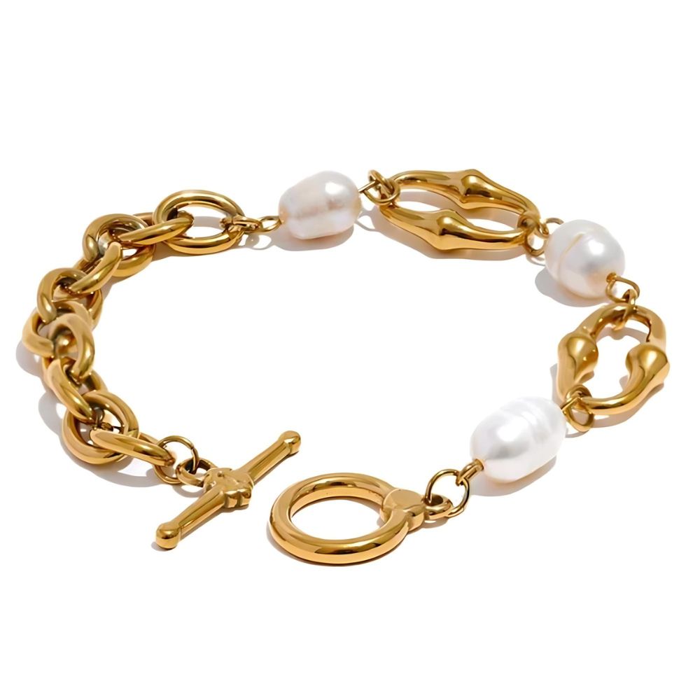 Woman’s gold plated natural pearl bracelet. Father and Daughter Jewelry.