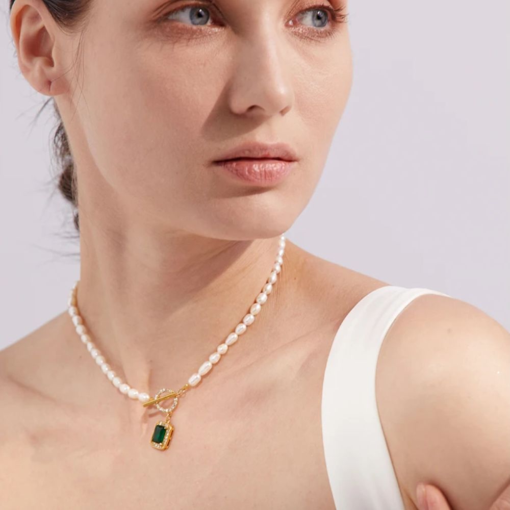 Woman’s gold plated natural pearl crystal necklace. Father and Daughter Jewelry.