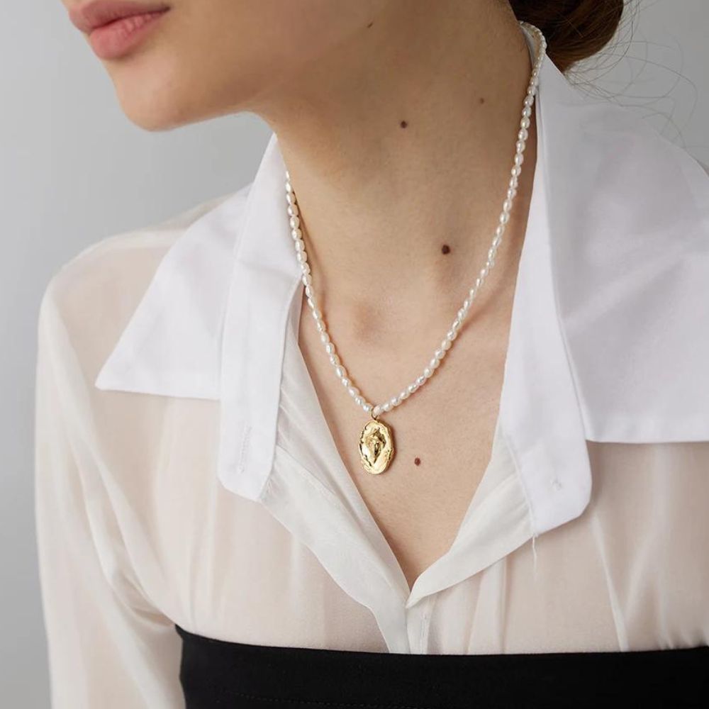 Woman’s gold natural plated pearl necklace. Father and Daughter Jewelry.