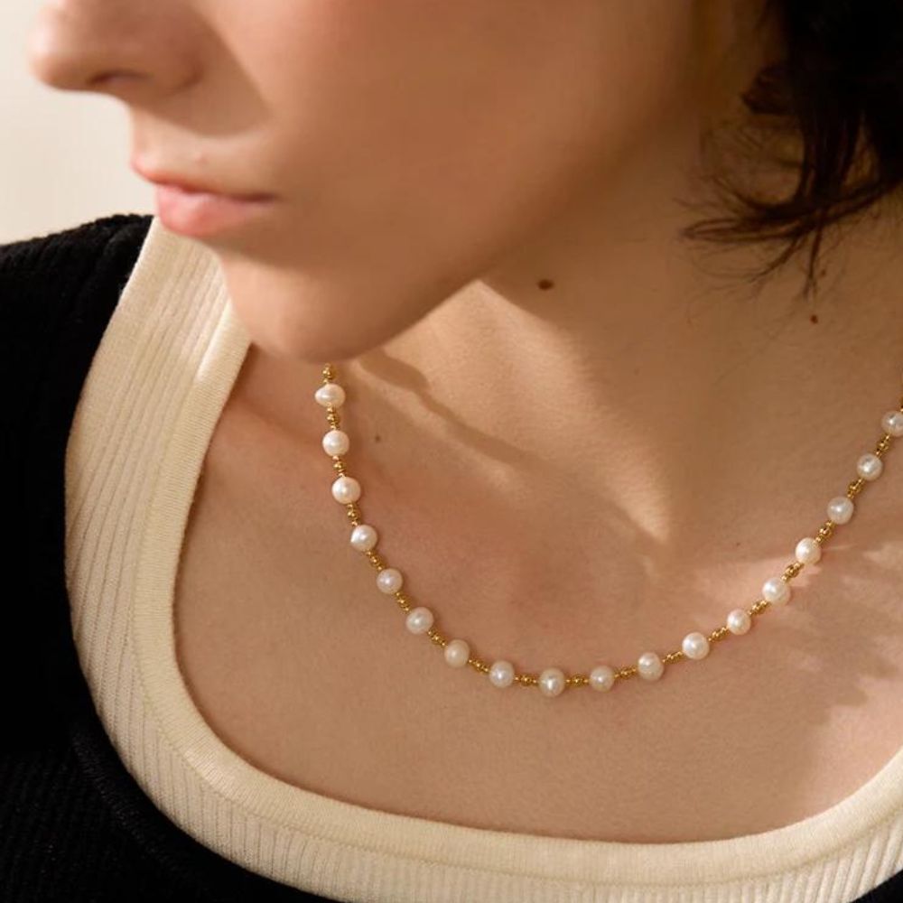 Woman’s gold plated natural pearl necklace. Father and Daughter Jewelry.