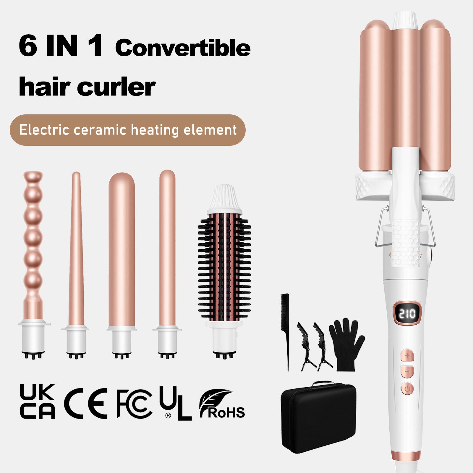 6-in-1 Ceramic Hair Curling Wand Set