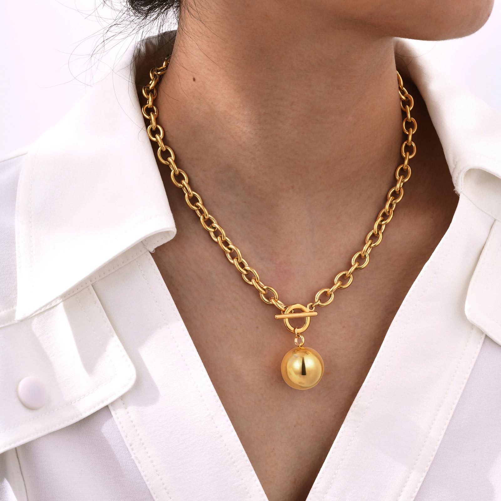 Waterproof Stainless Steel Round Pendant Statement Necklace