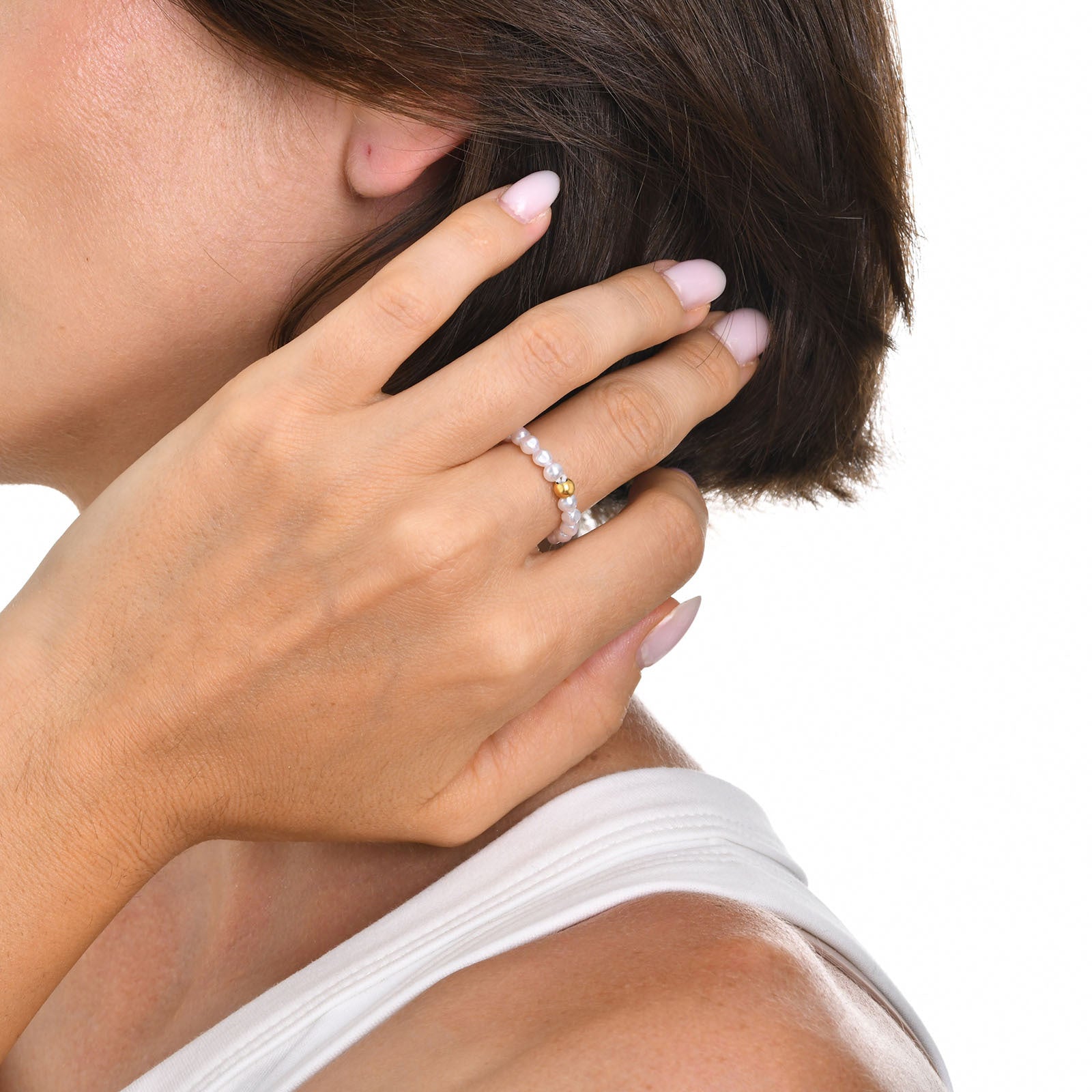 Waterproof Stainless Steel Pearl Accent Beaded Ring